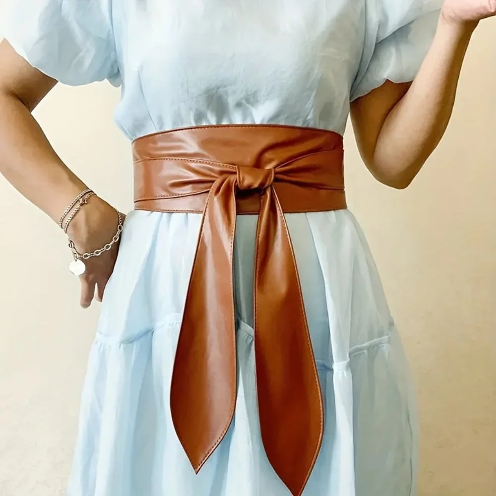 Rust Brown Women Wide Corset Faux Leather Wrap Tie Belt
